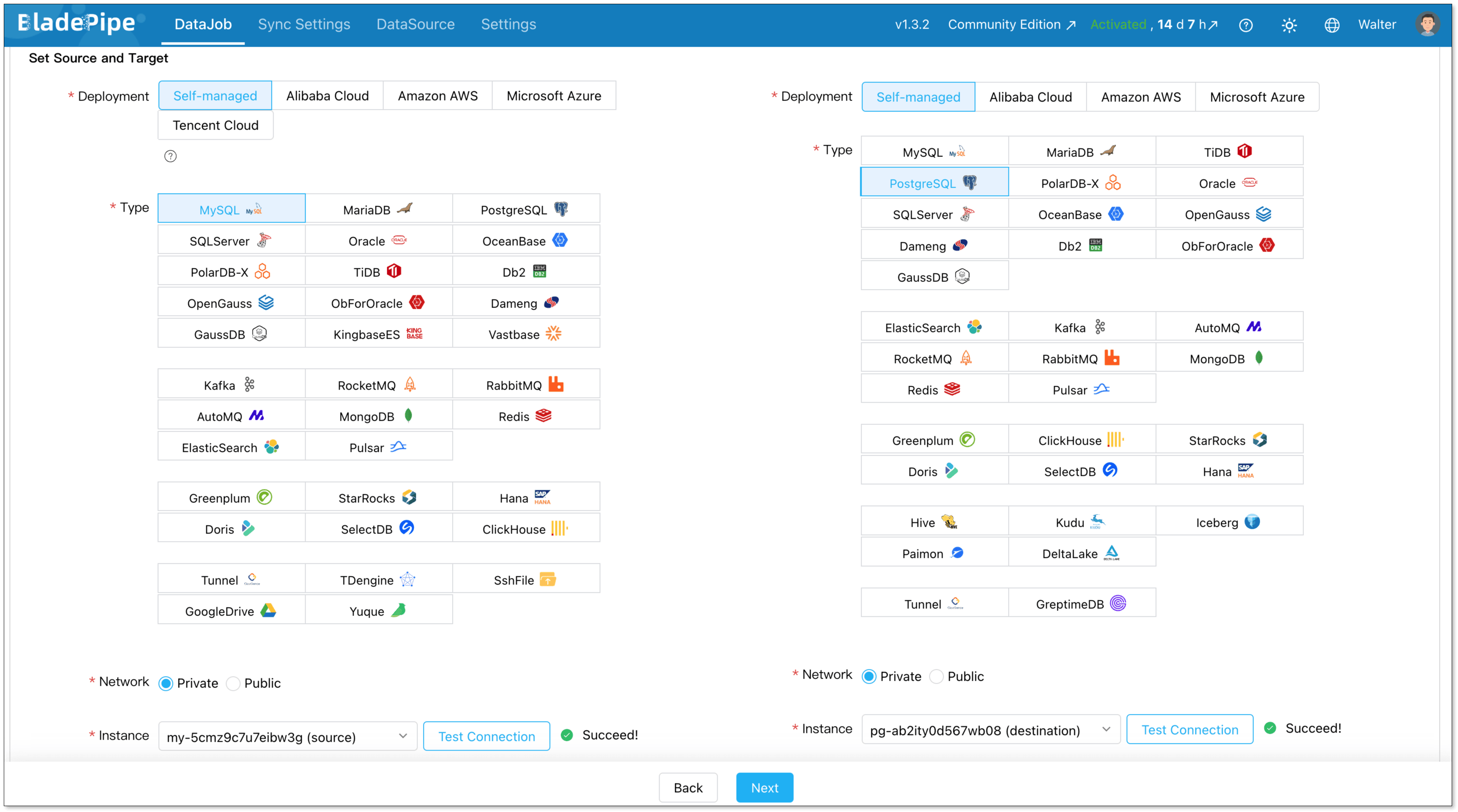 different databases types list bladepipe